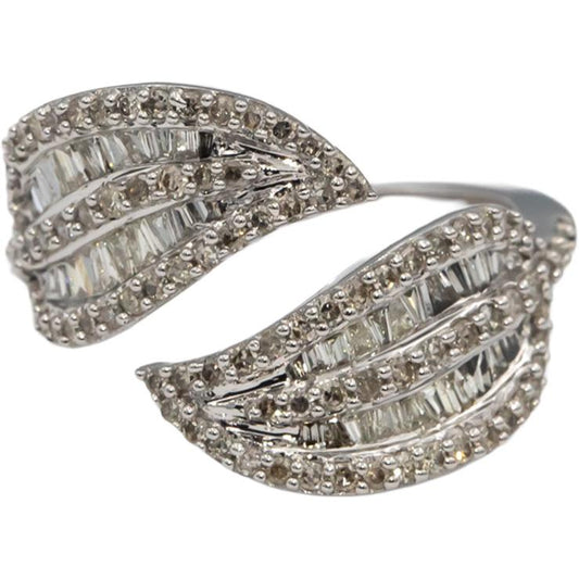 14k White Gold Round & Baguette Diamond Crossover Floral Ring 1.0CT Size 7