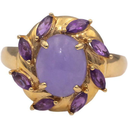 14k Yellow Gold Lavender Jade & Amethyst Cocktail Ring Size 8