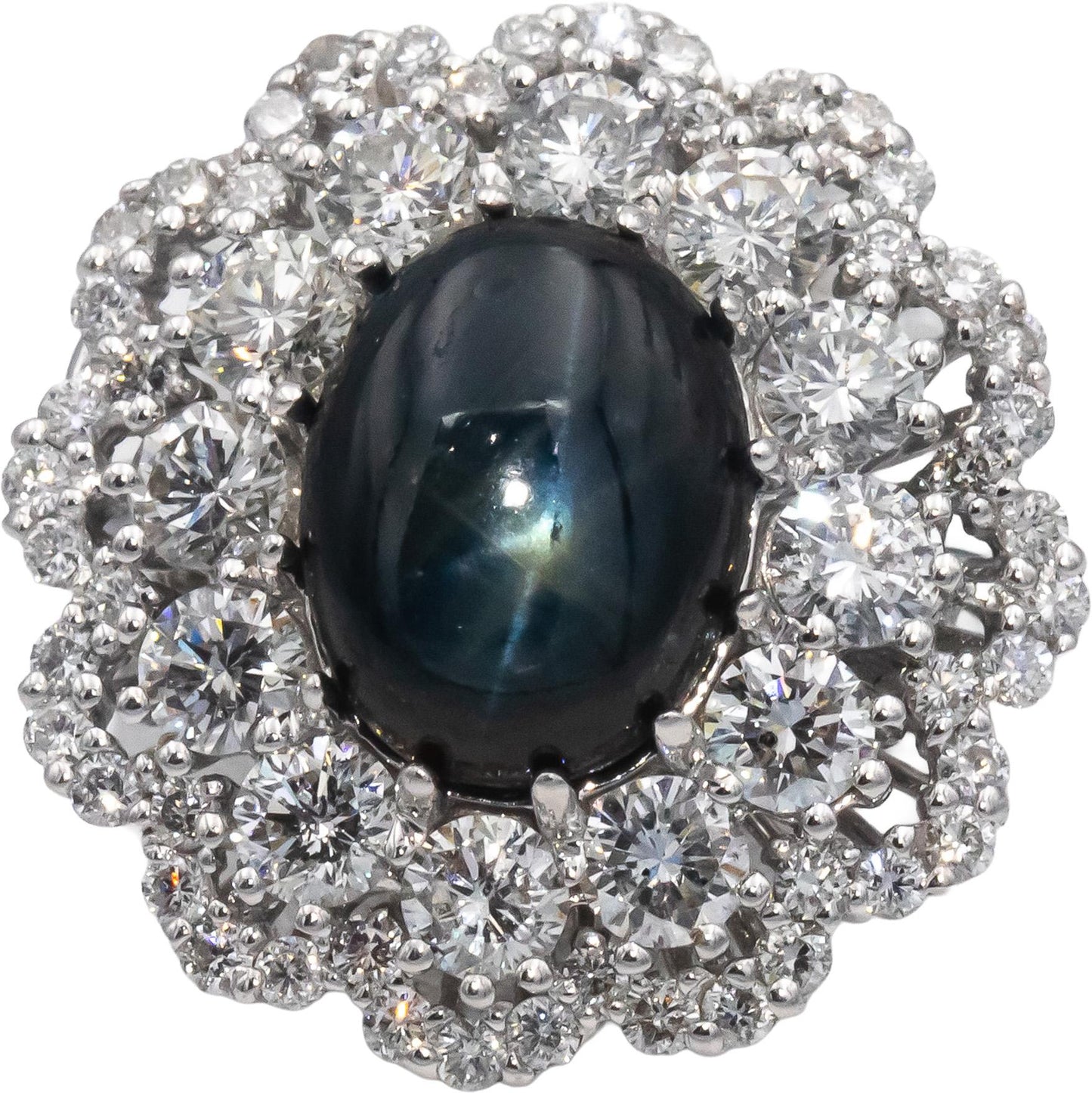 14k White Gold Cabochon Star Sapphire & Diamond Cocktail Ring 5.85CT Size 7