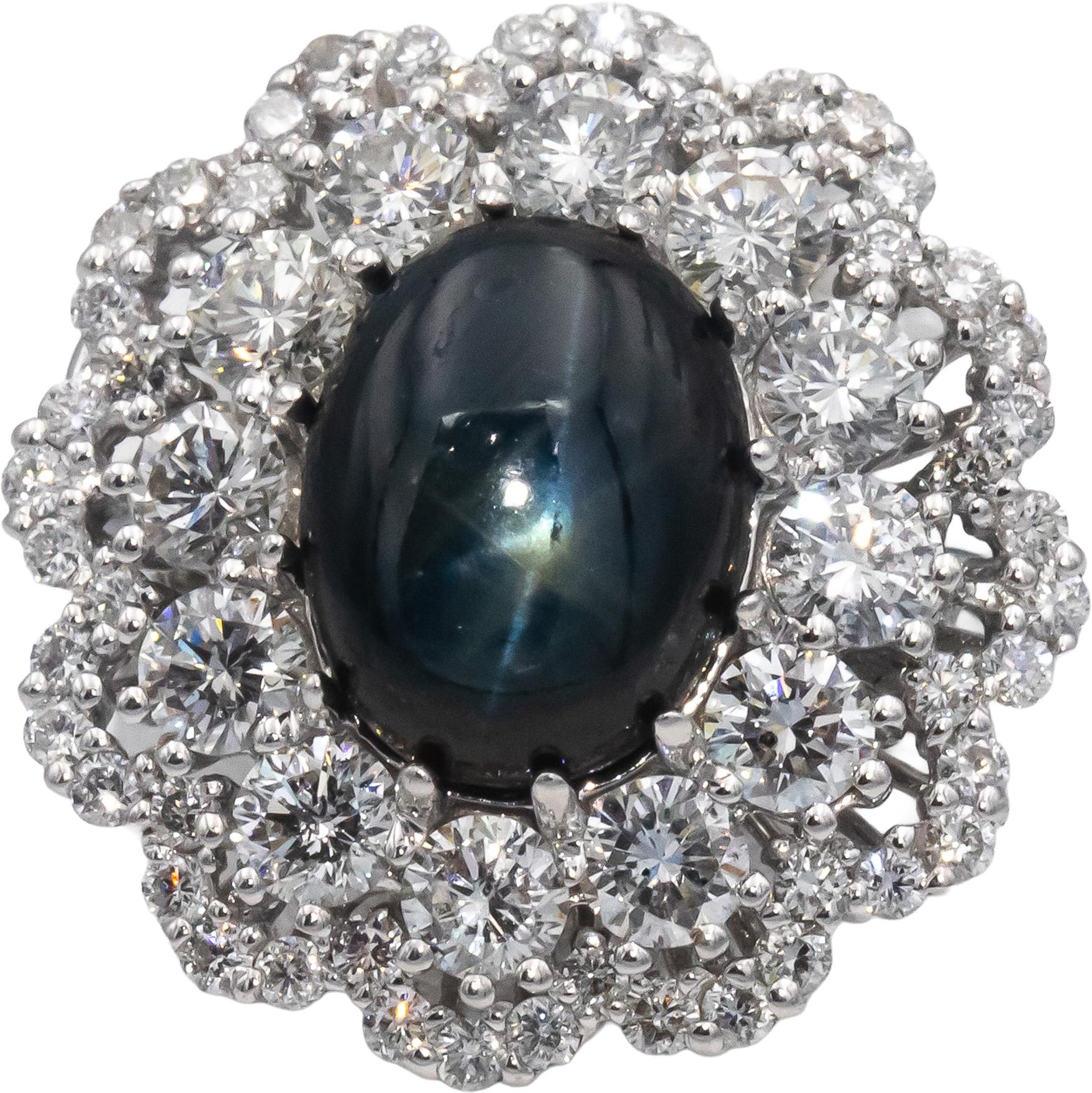 14k White Gold Cabochon Star Sapphire & Diamond Cocktail Ring 5.85CT Size 7