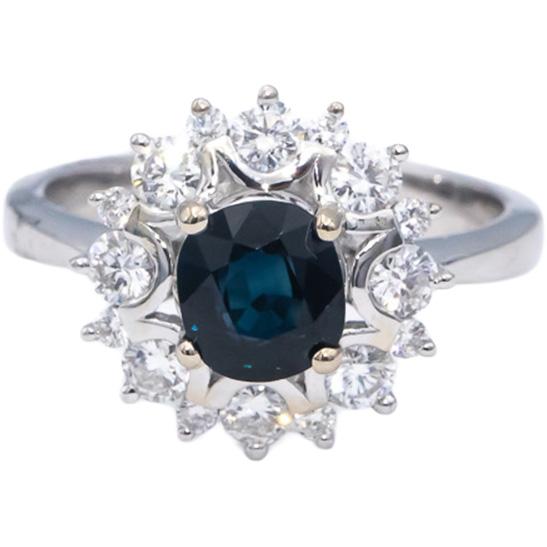 18k White Gold Round Blue Sapphire & Diamond Halo Ring 1.68CT Size 6.5