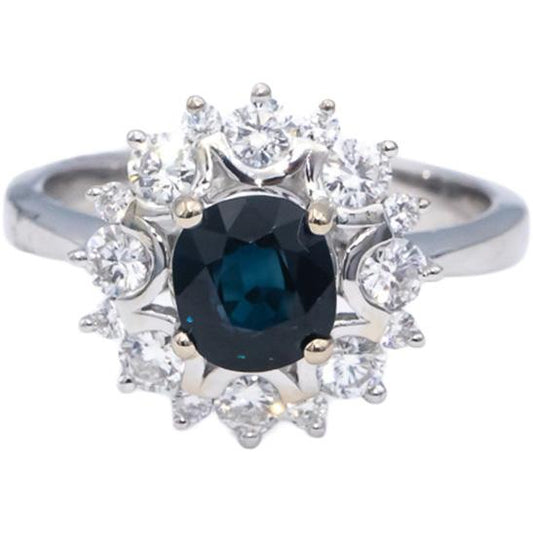 18k White Gold Round Blue Sapphire & Diamond Halo Ring 1.68CT Size 6.5