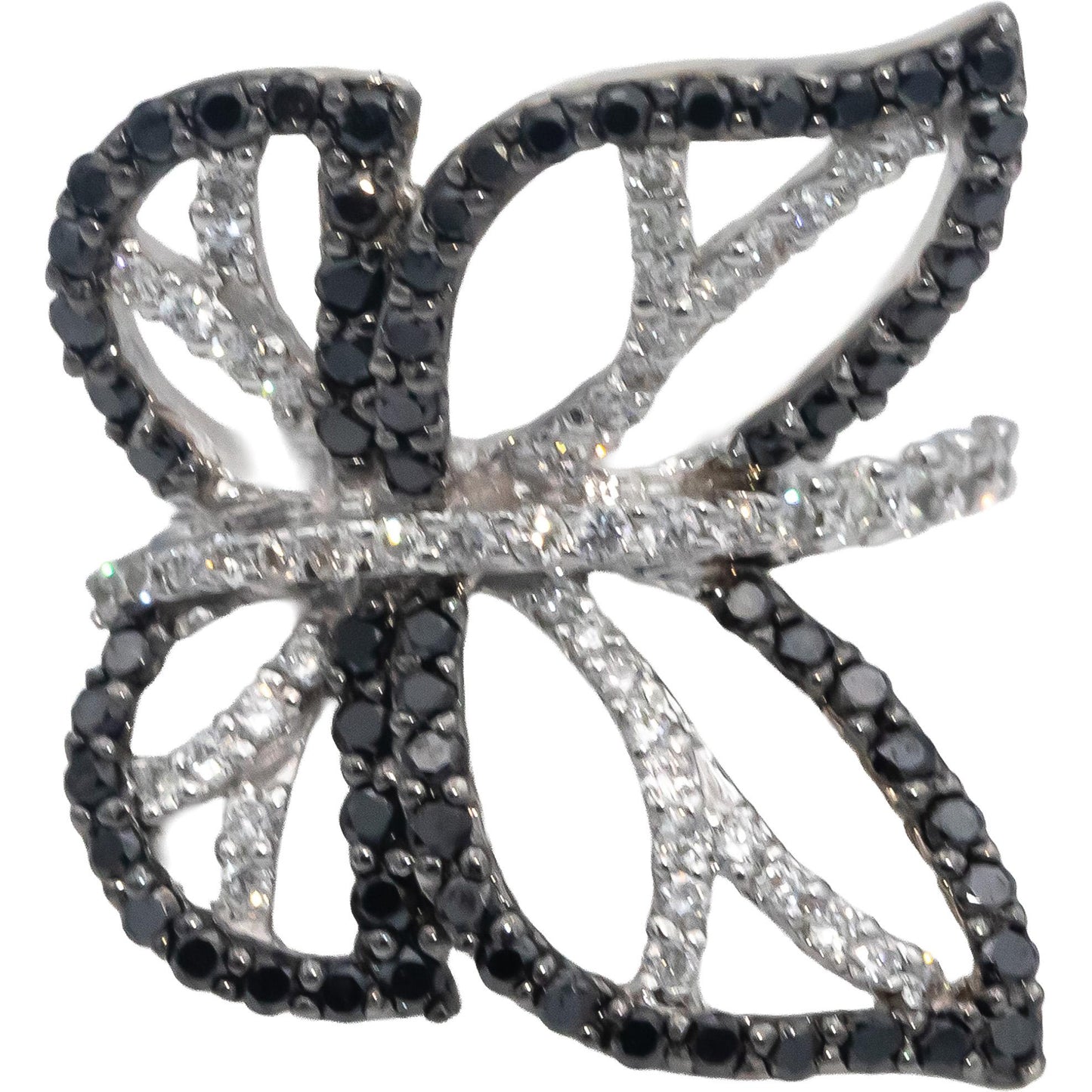 14k White Gold Round White and Black Diamond Butterfly Ring 0.90CT Size 6.5