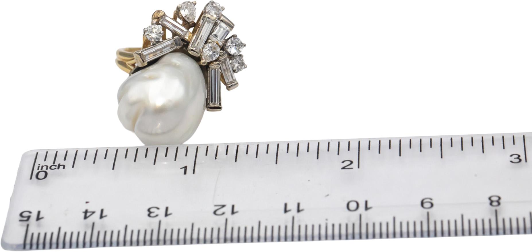 18k Yellow Gold VS Diamond & 14-15mm Baroque Pearl Cocktail Ring 1.10CT Size 7.5