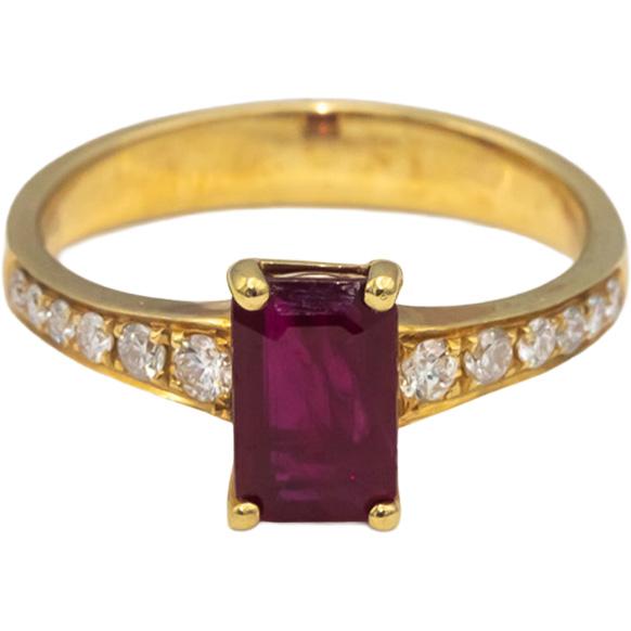 18k Yellow Gold Emerald Cut Ruby & Round Diamond Cocktail Ring 1.47CT Size 7