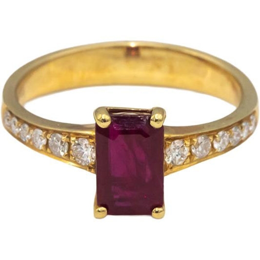 18k Yellow Gold Emerald Cut Ruby & Round Diamond Cocktail Ring 1.47CT Size 7