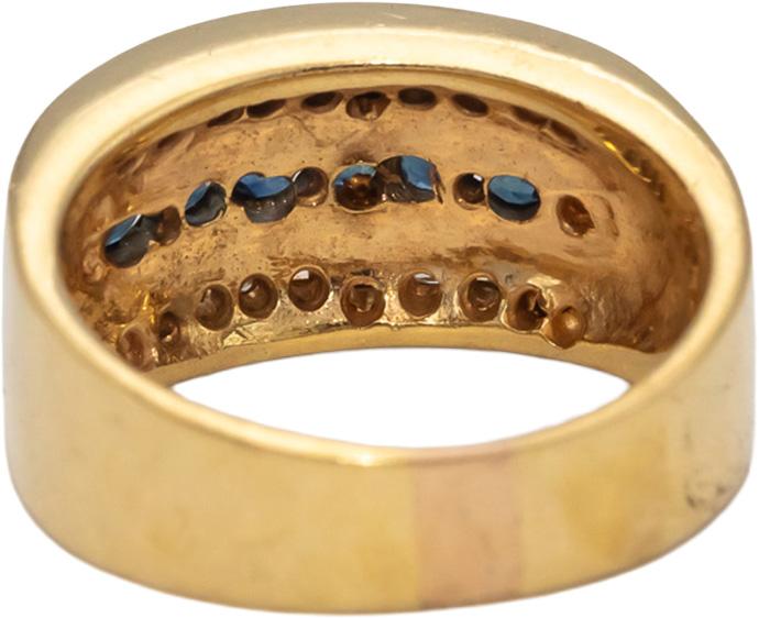 14k Yellow Gold Round Channel Set Diamond and Blue Sapphire Band Ring 0.90CT