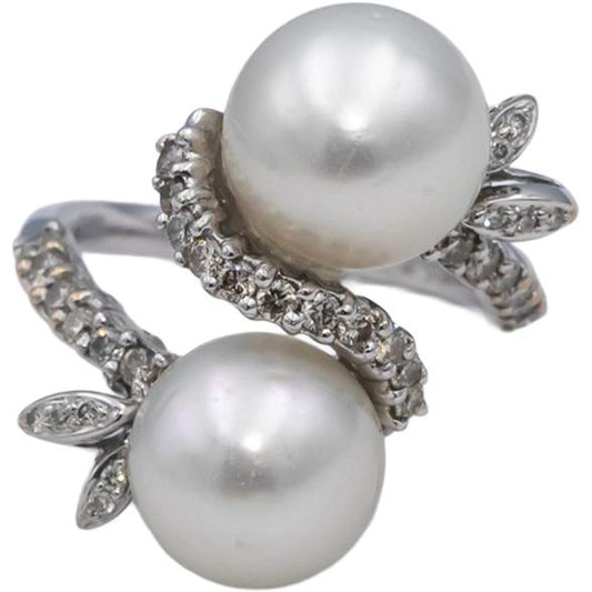 18k White Gold Round Diamond & Cultured Pearl Cocktail Ring 0.53CT Size 6