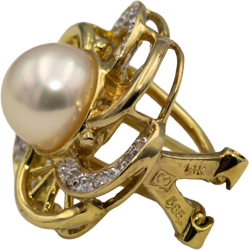 14k Yellow Gold Round Diamond and Pearl Floral Earrings 0.08CT