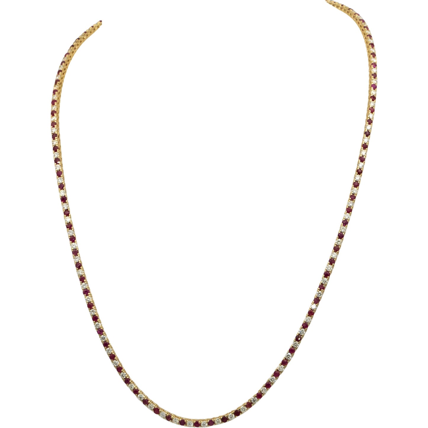 14k Yellow Gold VS Round Diamond and Ruby Tennis Necklace 10.21CTW