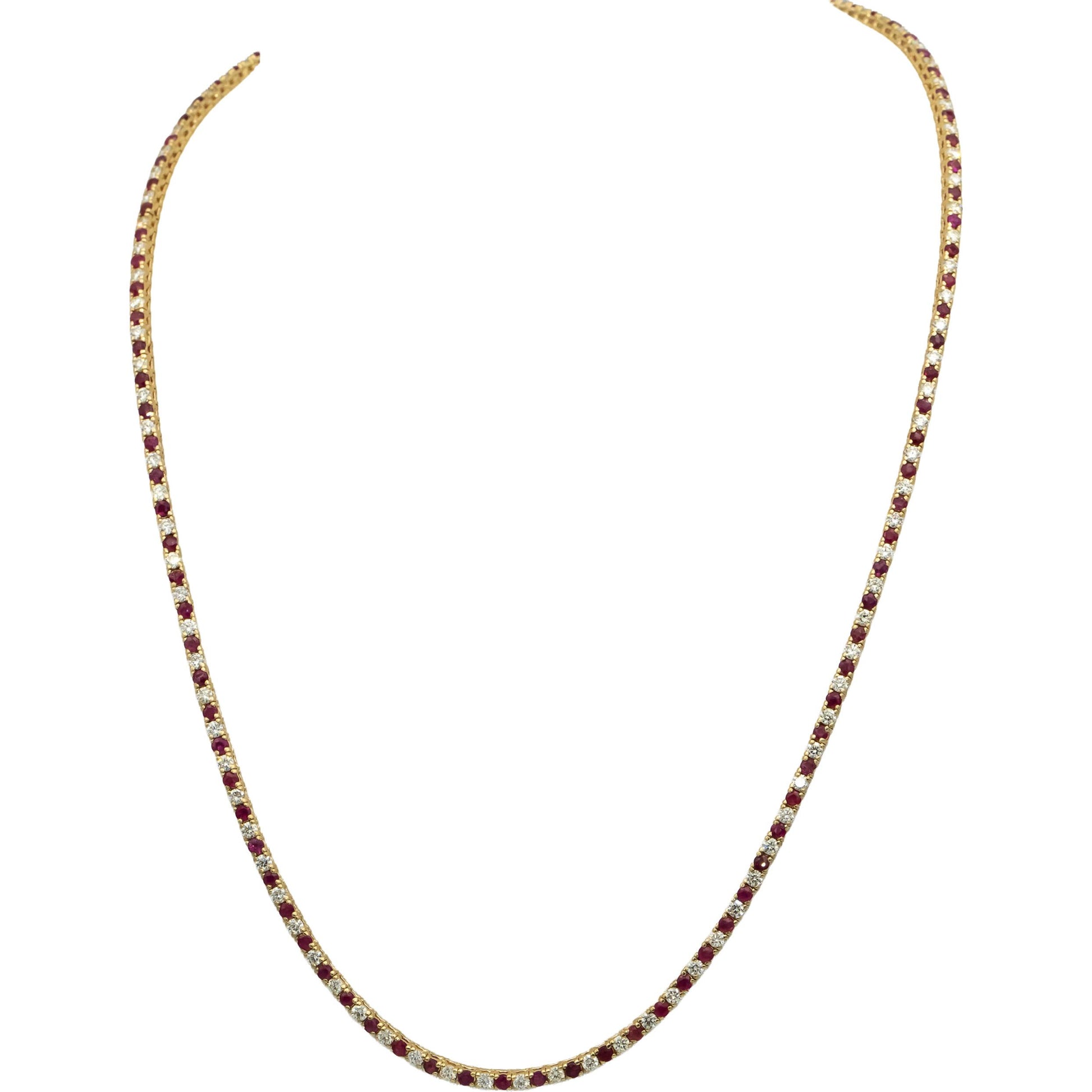 14k Yellow Gold VS Round Diamond and Ruby Tennis Necklace 10.21CTW
