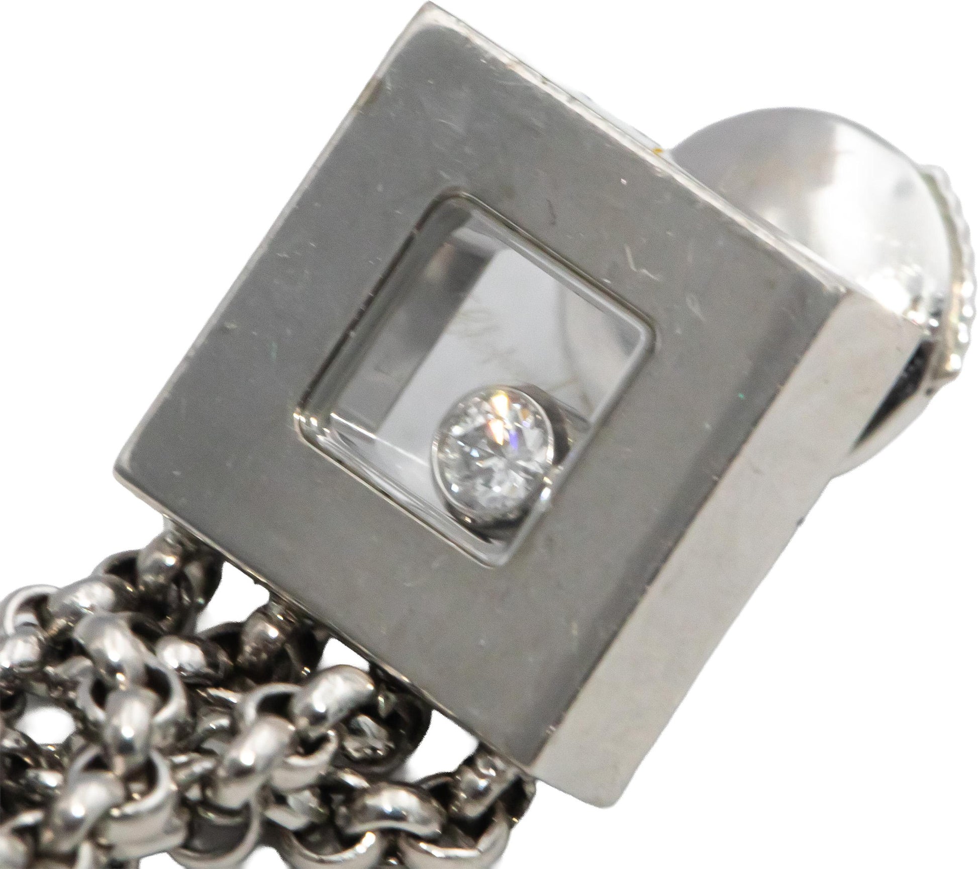 CHOPARD 18k White Gold Happy Diamond Square Earrings With Chains