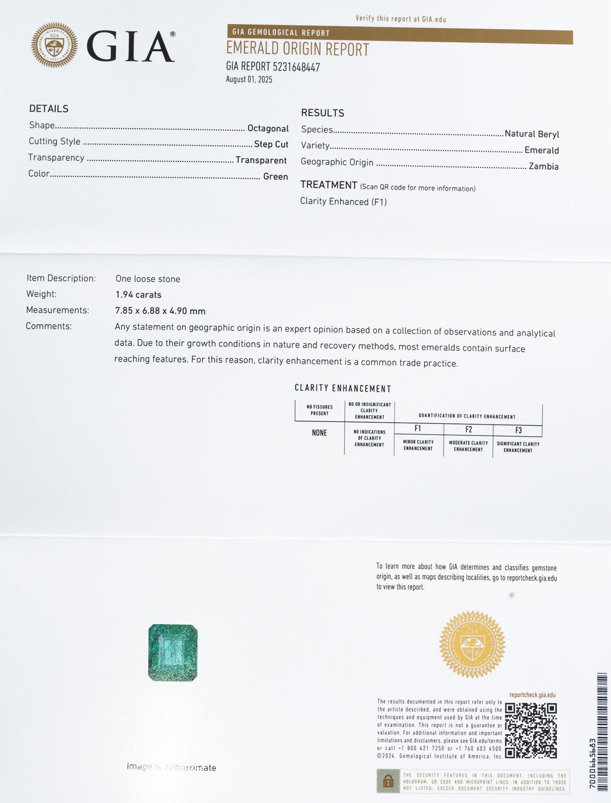 GIA Certified Octagonal Cut Natural Zambia Emerald Loose Gemstone 1.94CT