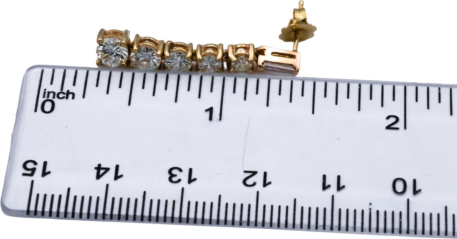 14k Yellow Gold VS Round & Baguette Cut Diamond Dangle Earrings 2.50CT