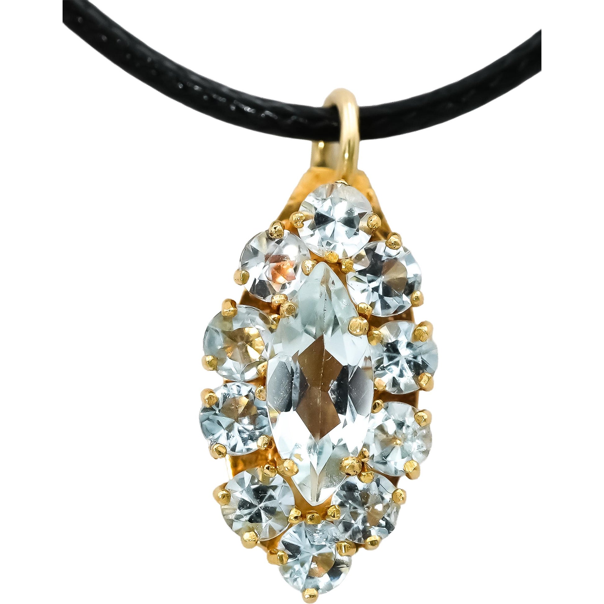18k Yellow Gold Round and Marquise Cut Aquamarine Cluster Pendant Necklace 2.0CT