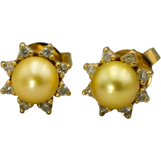 18k Yellow Gold Round Diamond & Golden Pearl Stud Earrings 0.25CT