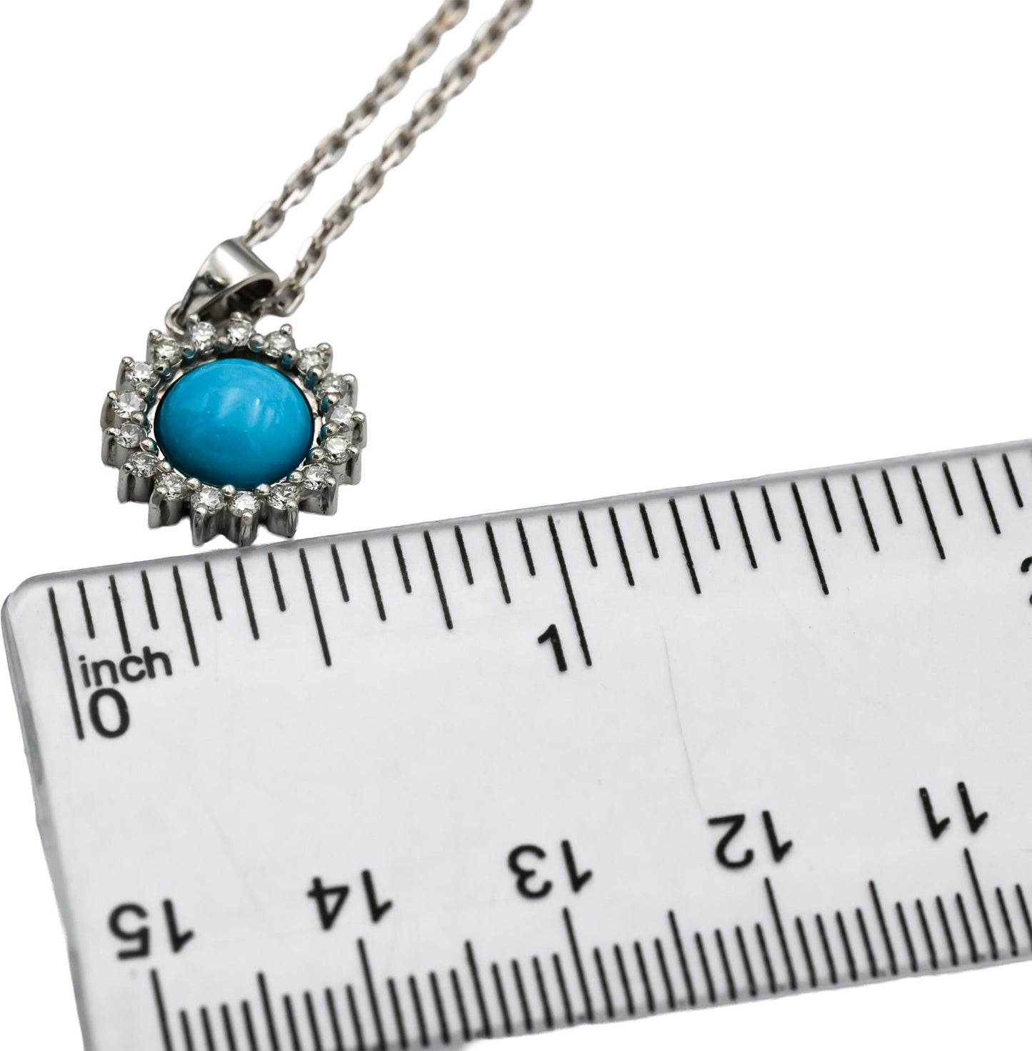 18k White Gold Round Diamond and Cabochon Turquoise Pendant Necklace 0.25CT