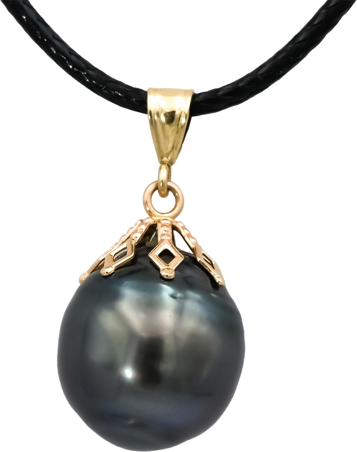 14k Yellow Gold 13.0mm Black Tahitian Pearl Pendant Necklace