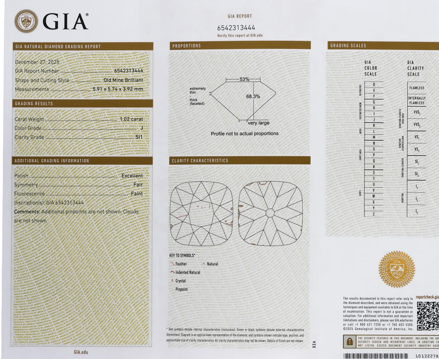 GIA Certified SI1 Clarity J color Diamond Loose Stone 1.02CT
