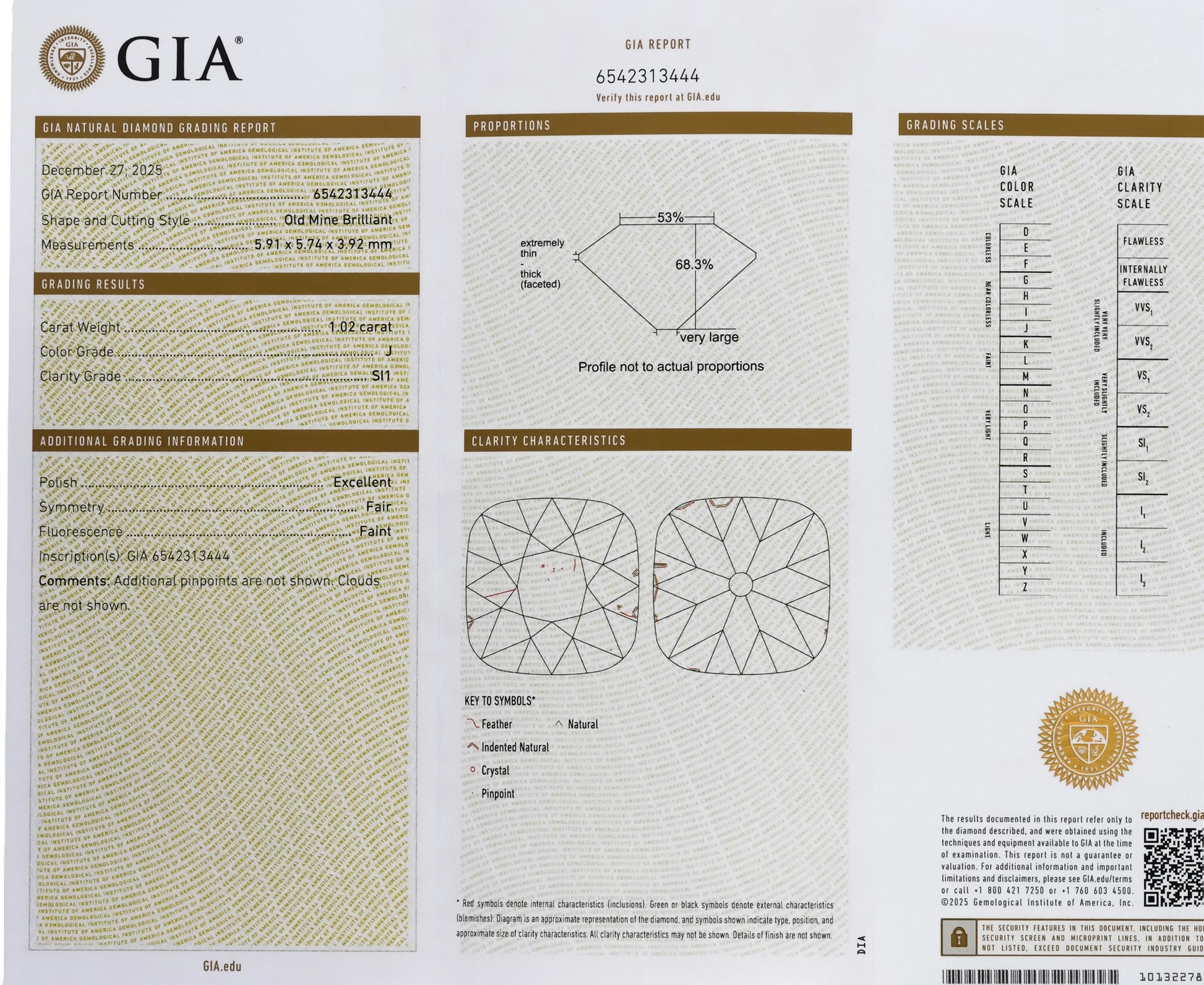 GIA Certified SI1 Clarity J color Diamond Loose Stone 1.02CT