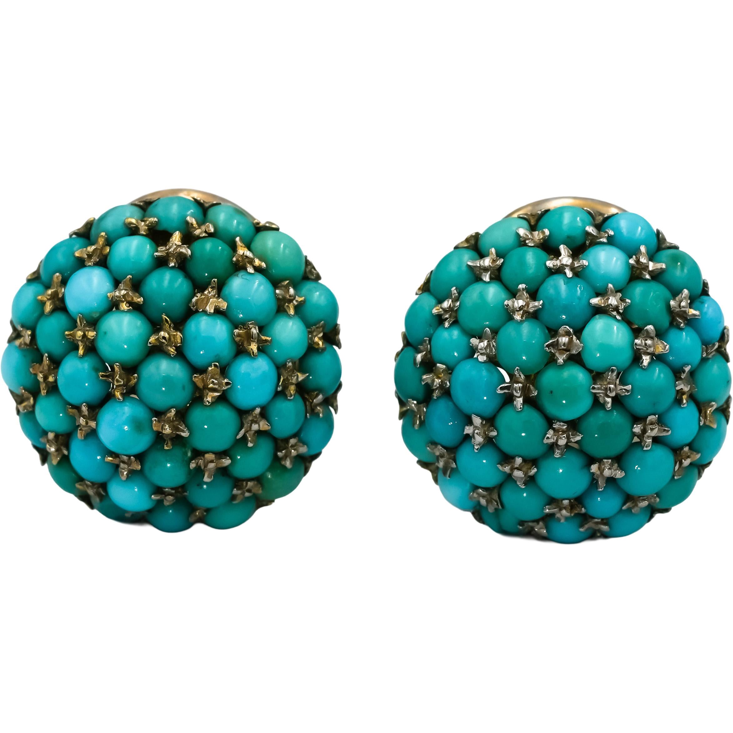 18k White Gold Cabochon Turquoise Cluster Button Earrings