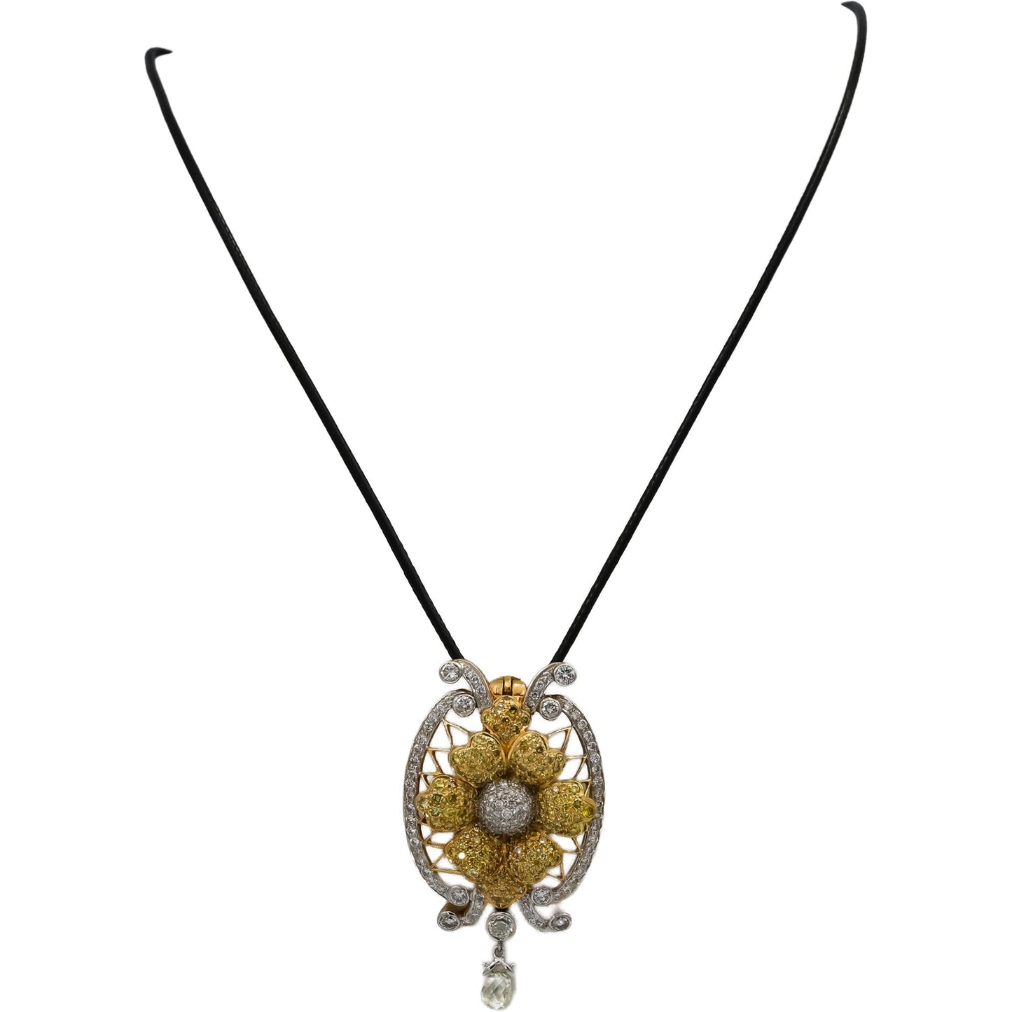 Vintage Antique 18k White & Yellow Gold Diamond Flower Pendant Necklace 4.0CT