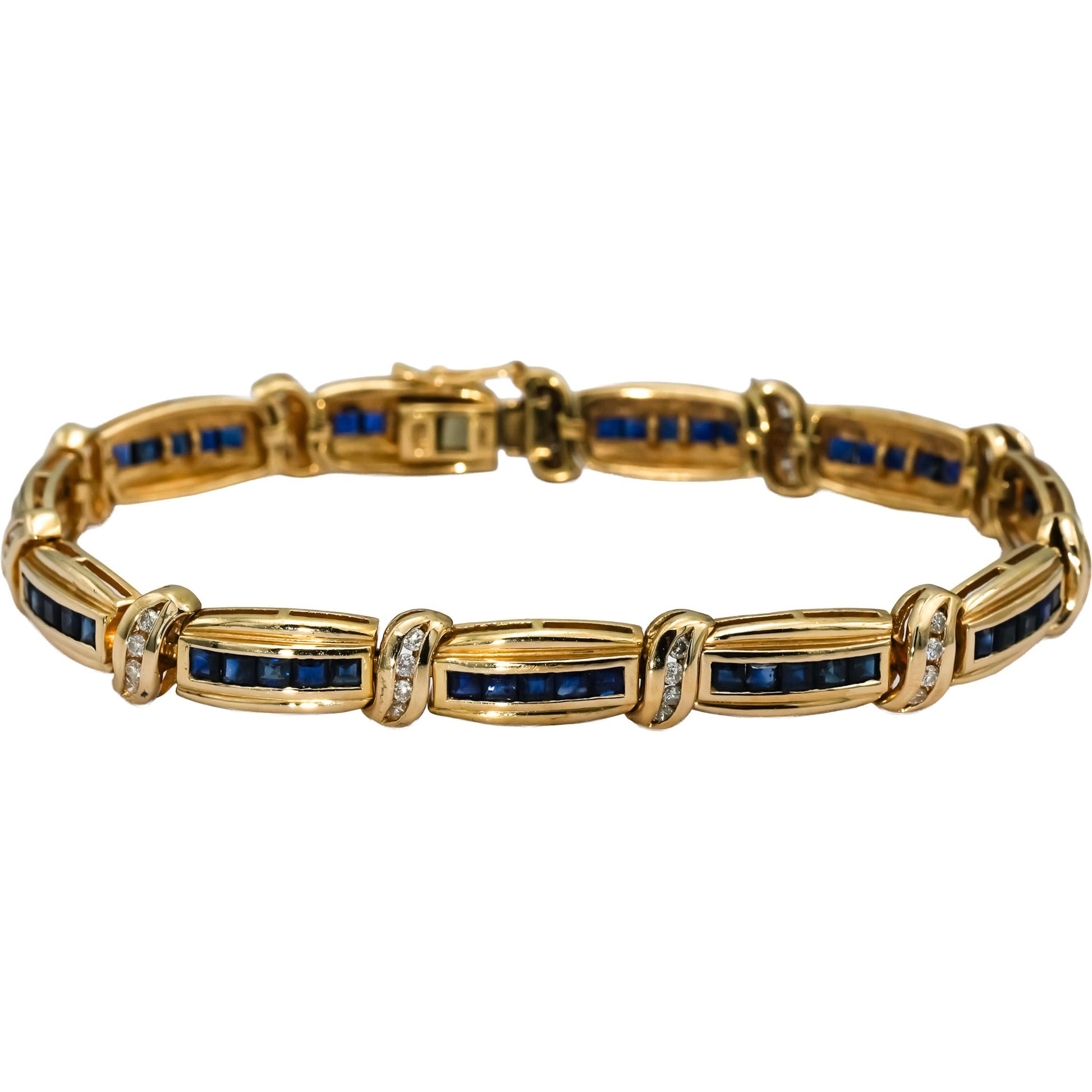 14k Yellow Gold Diamond and Blue Sapphire Fancy Link Bracelet 2.0CT