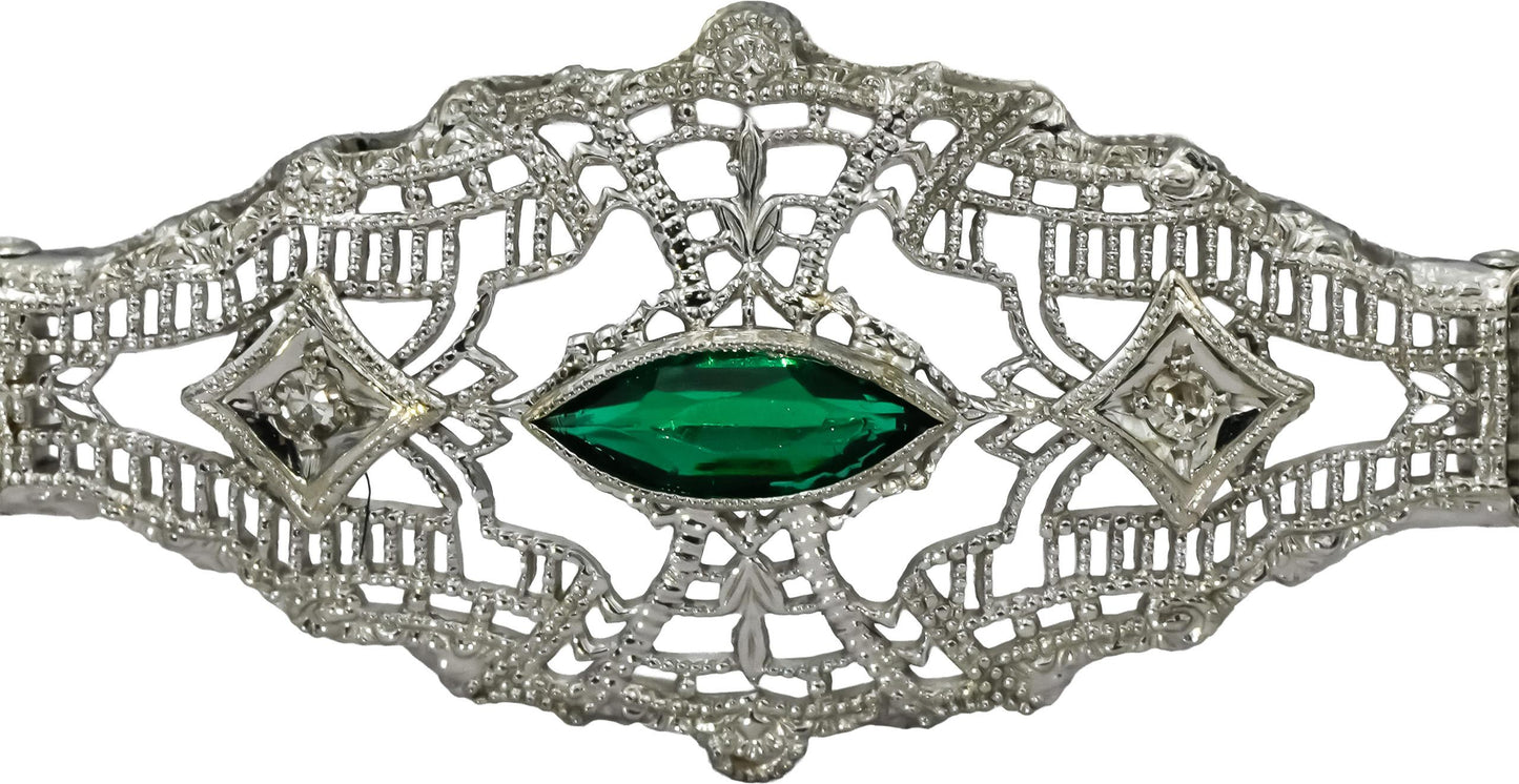 10k White Gold Diamond and Synthetic Emerald Filigree Bracelet 0.20CT