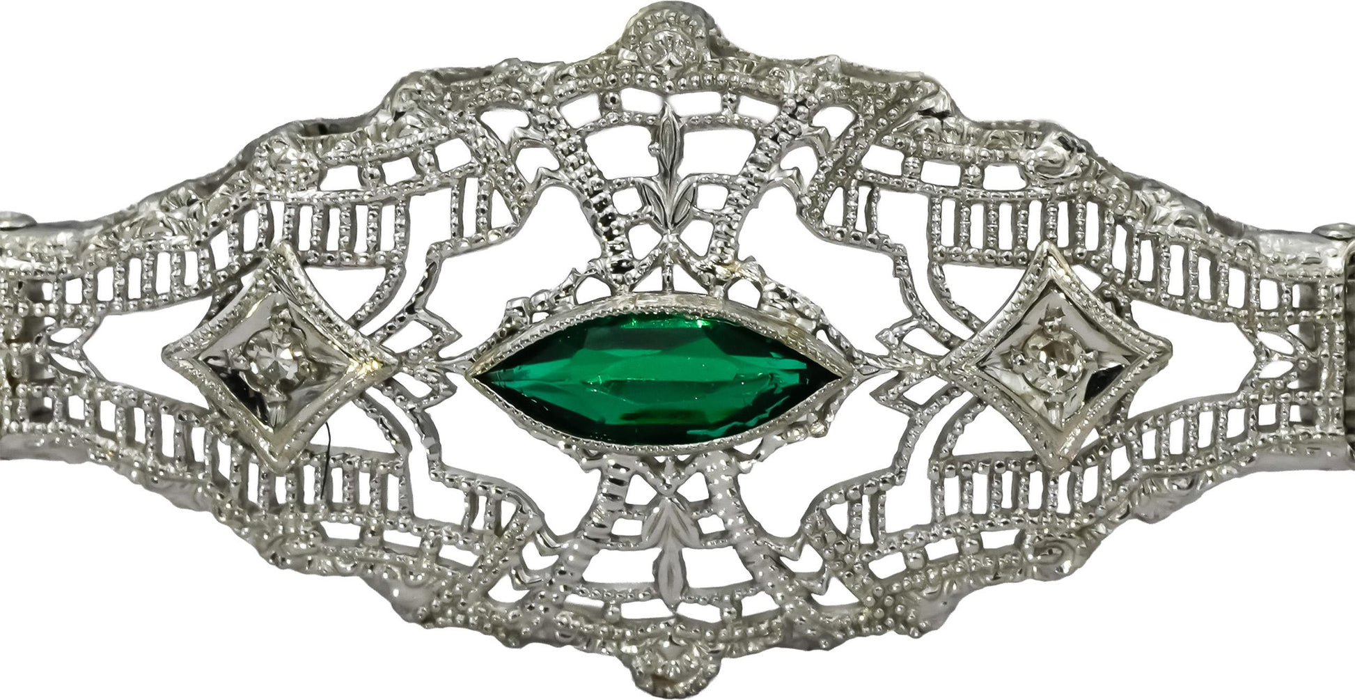 10k White Gold Diamond and Synthetic Emerald Filigree Bracelet 0.20CT