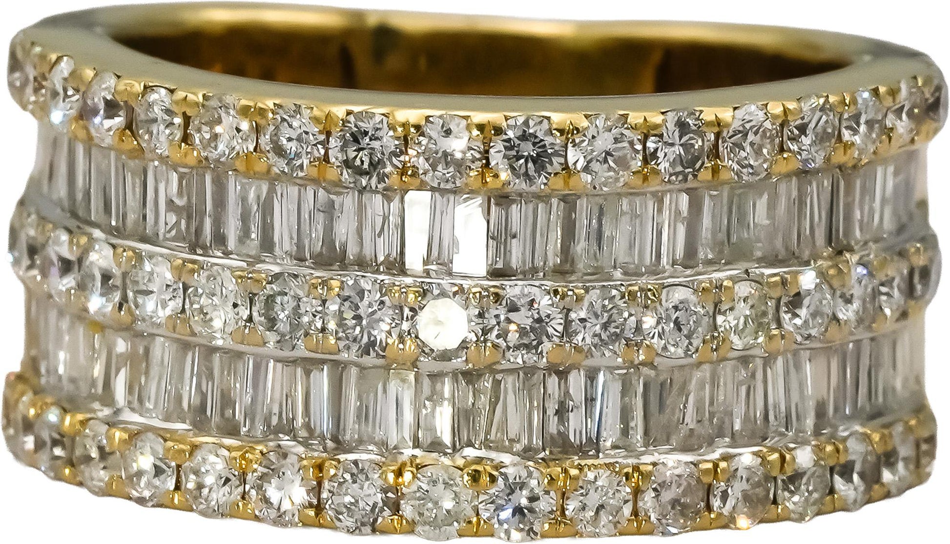 14k Yellow Gold Round and Baguette Diamond 10.7mm Wide Band Ring 3.0CT Size 7.75