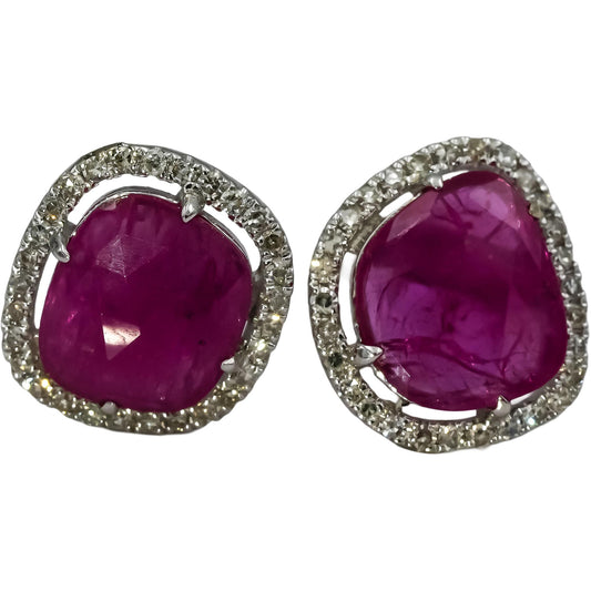 14k White Gold Round Diamond and Fancy Cut Ruby Stud Earrings 2.25CT