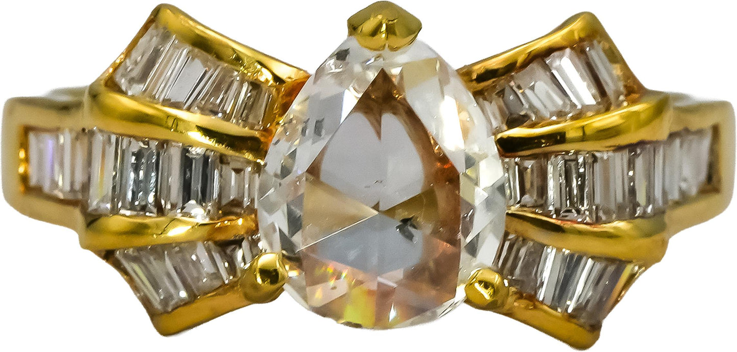 18k Yellow Gold Diamond Ribbon Ring 2.03 w/ 1.26CT Center Size 6.25