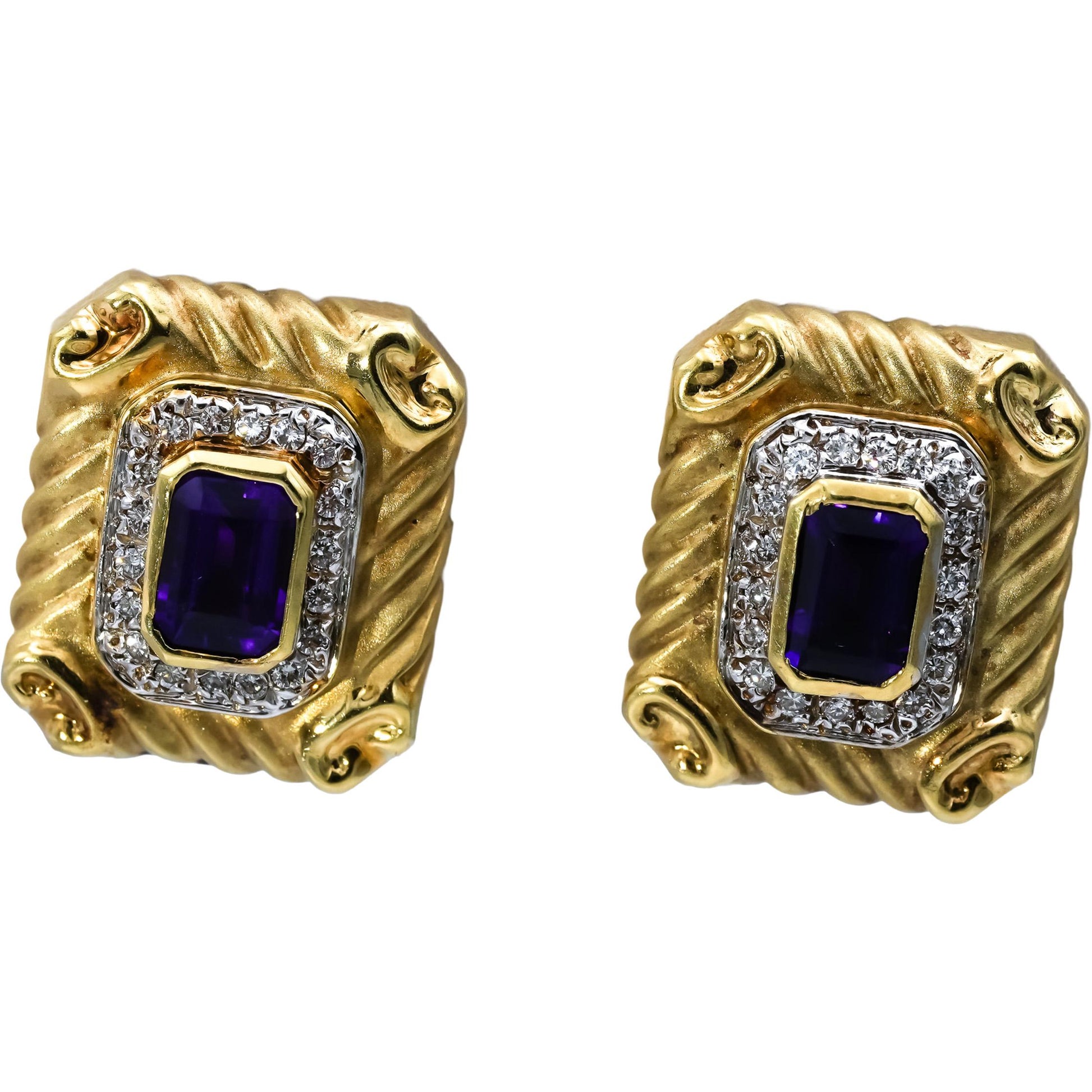 14k Yellow Gold Diamond and Amethyst Earrings 2.55CT