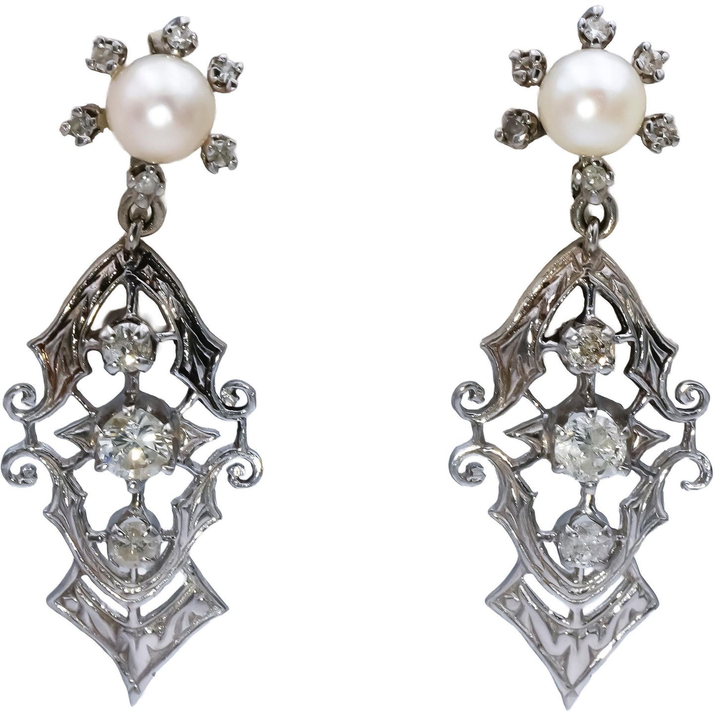Vintage Antique 14k White Gold Diamond and 6.2mm Pearl Dangle Earrings 1.10CT