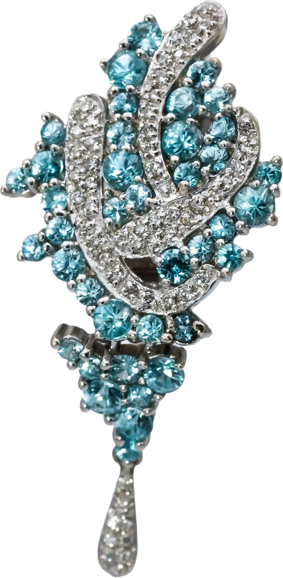 14k White Gold Diamond and Aquamarine Cluster Dangle Earrings 2.0CT