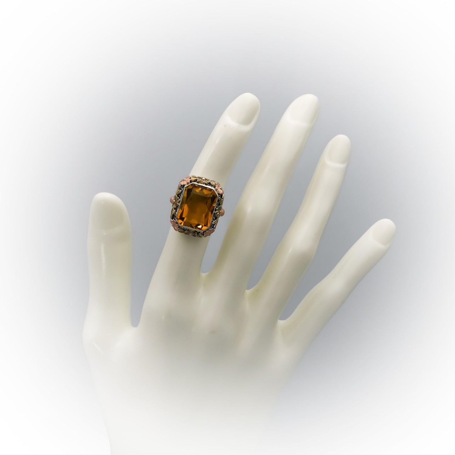 Art Deco Filigree Antique 14k White and Yellow Gold Citrine Ring 10.0CT Size 4.5
