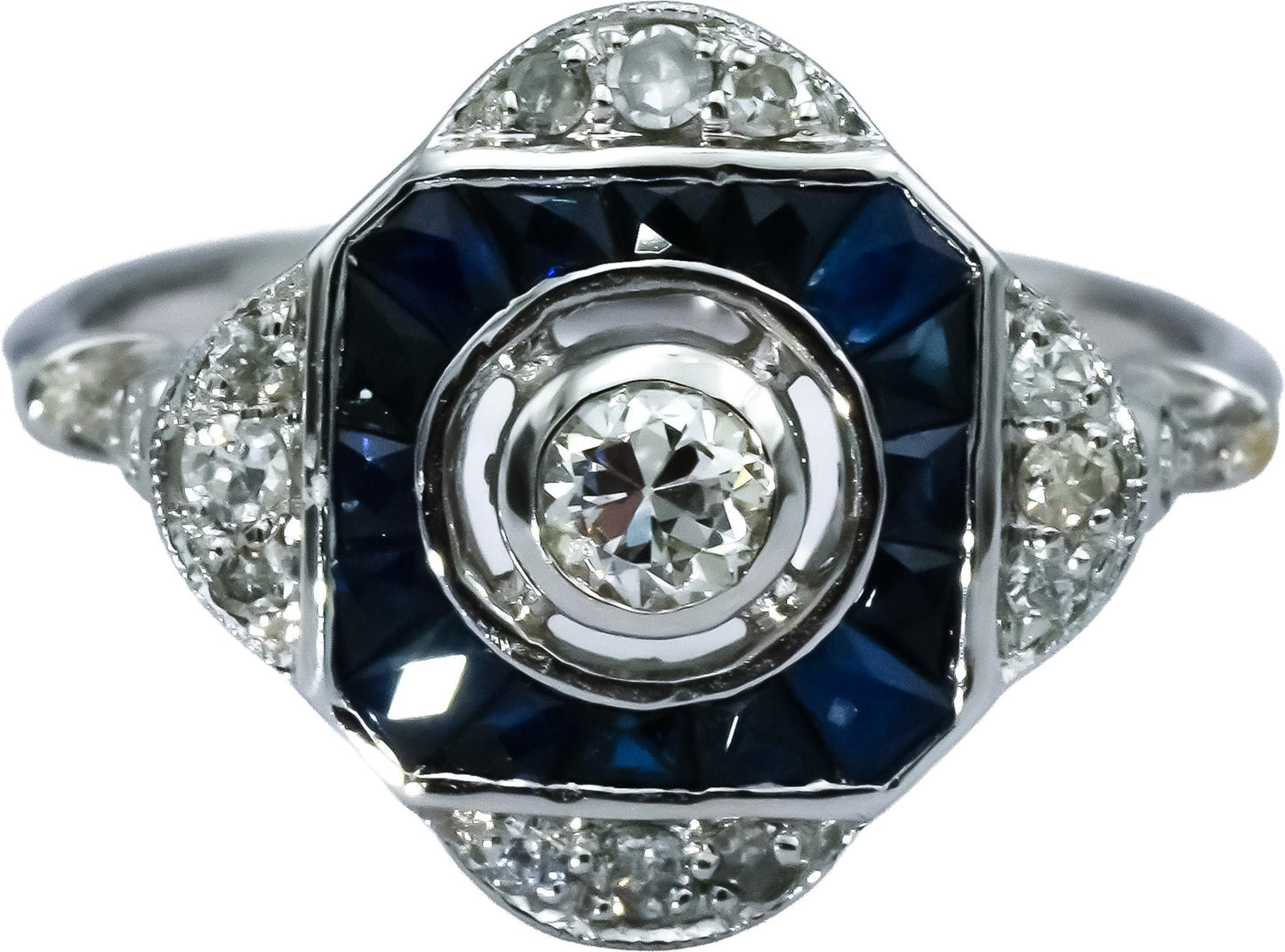 Antique 18k White Gold Diamond and Sapphire Ring 0.25CT Size 7