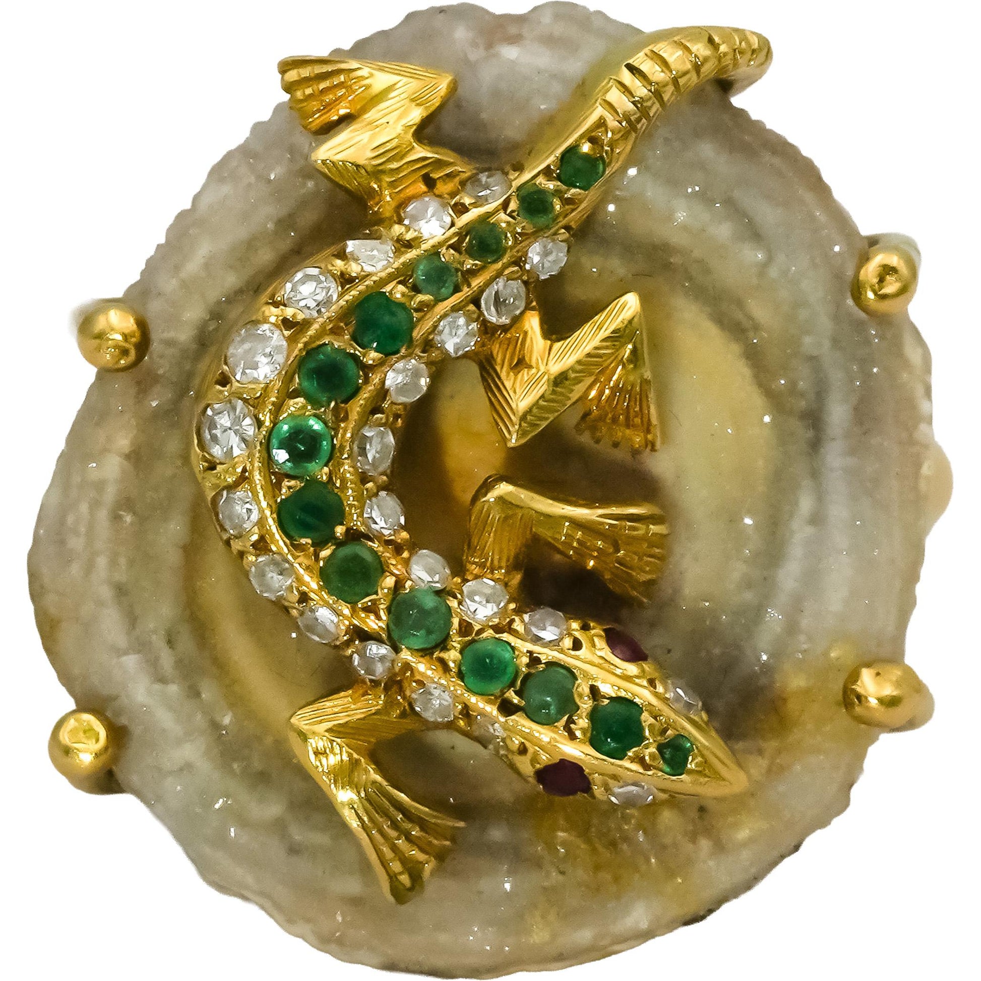 18k Yellow Gold Diamond Emerald Geode Slice Moving Lizard Ring 0.48CT Size 8.25