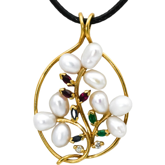 18k Gold Ruby Emerald Sapphire Pearl Floral Pendant Necklace w/ Diamonds .35CT
