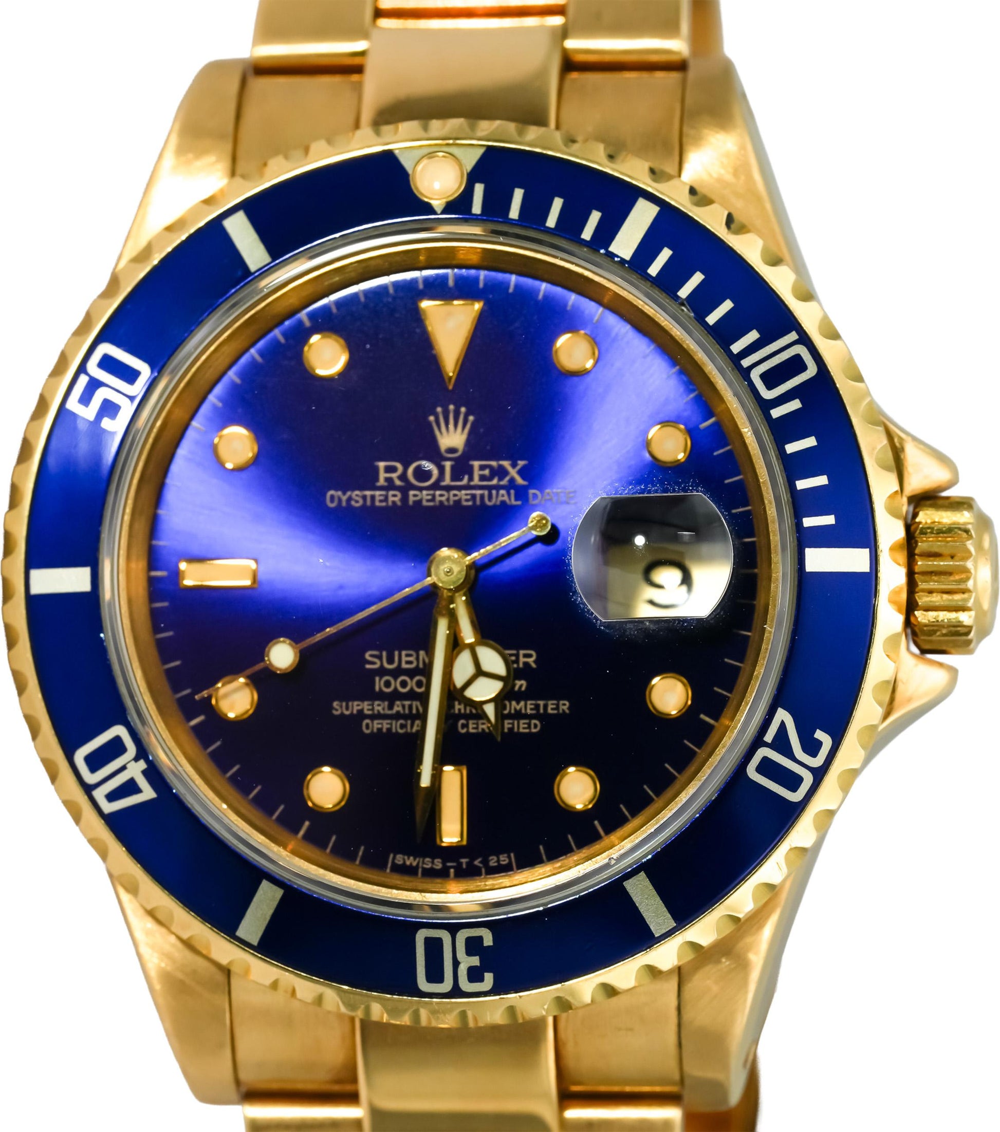 ROLEX 18k Gold Submariner Date Purple Dial Automatic Watch Ref 16618