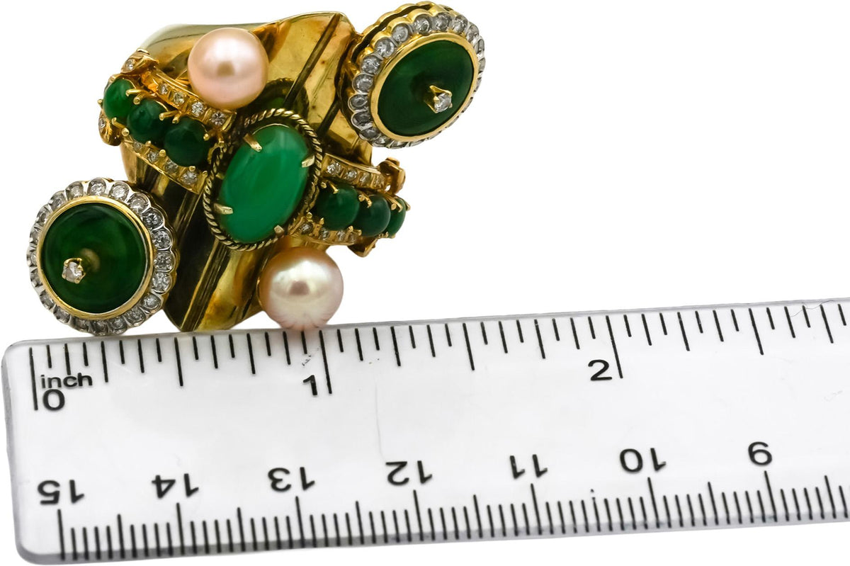 14k Yellow Gold Diamond Pearl Jade Retro Statement Ring Size 7
