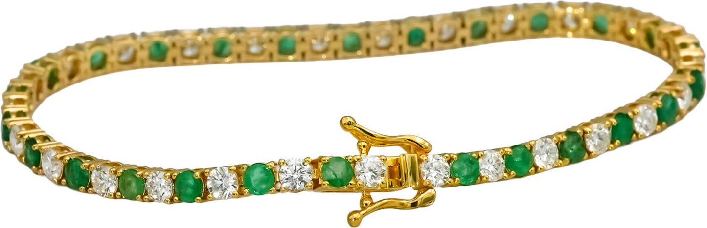 14k Yellow Gold Round Diamond and Emerald Tennis Bracelet 5.69CT