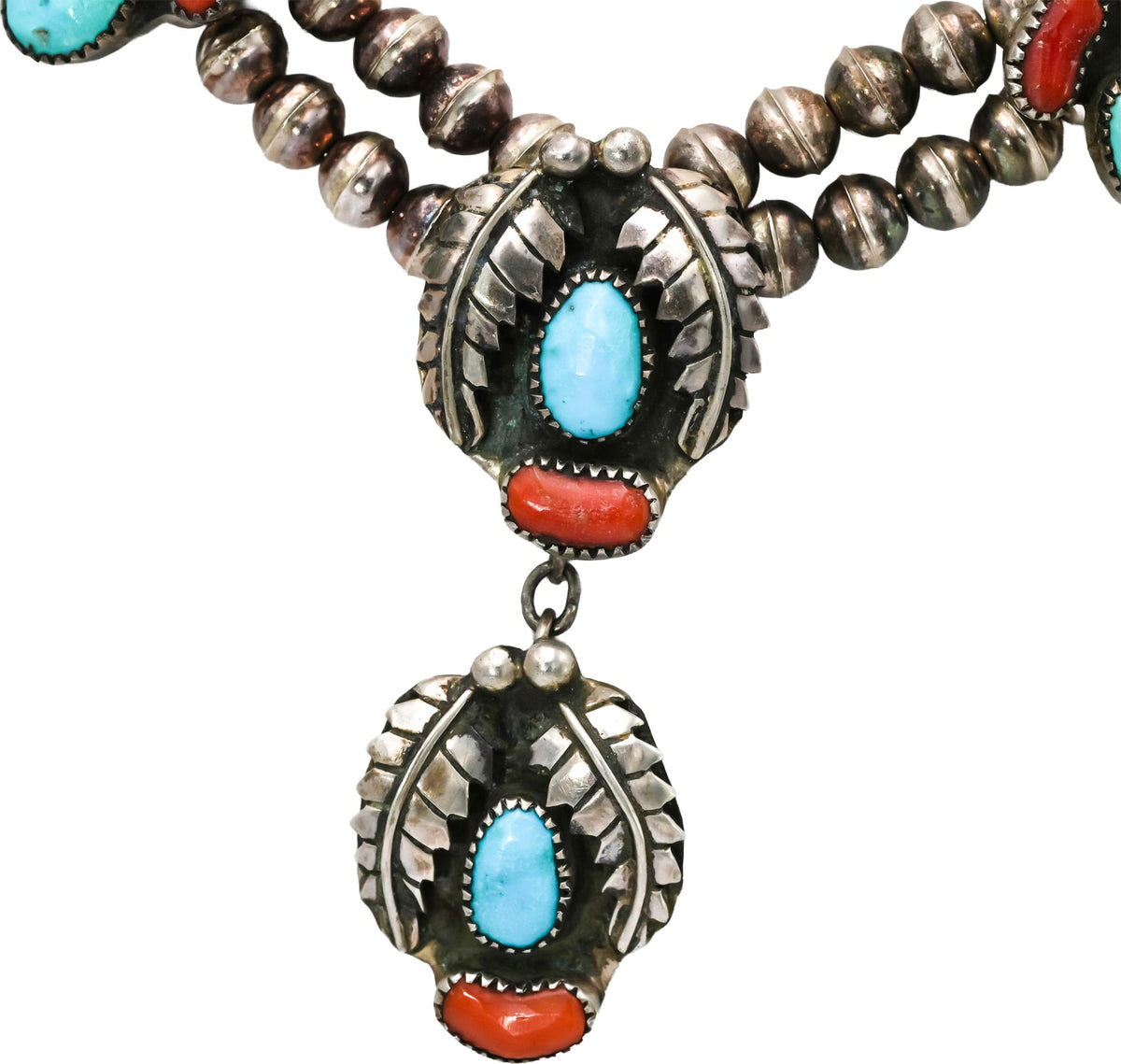Sterling Silver Turquoise and Carnelian Native American Squash Blossom Necklace