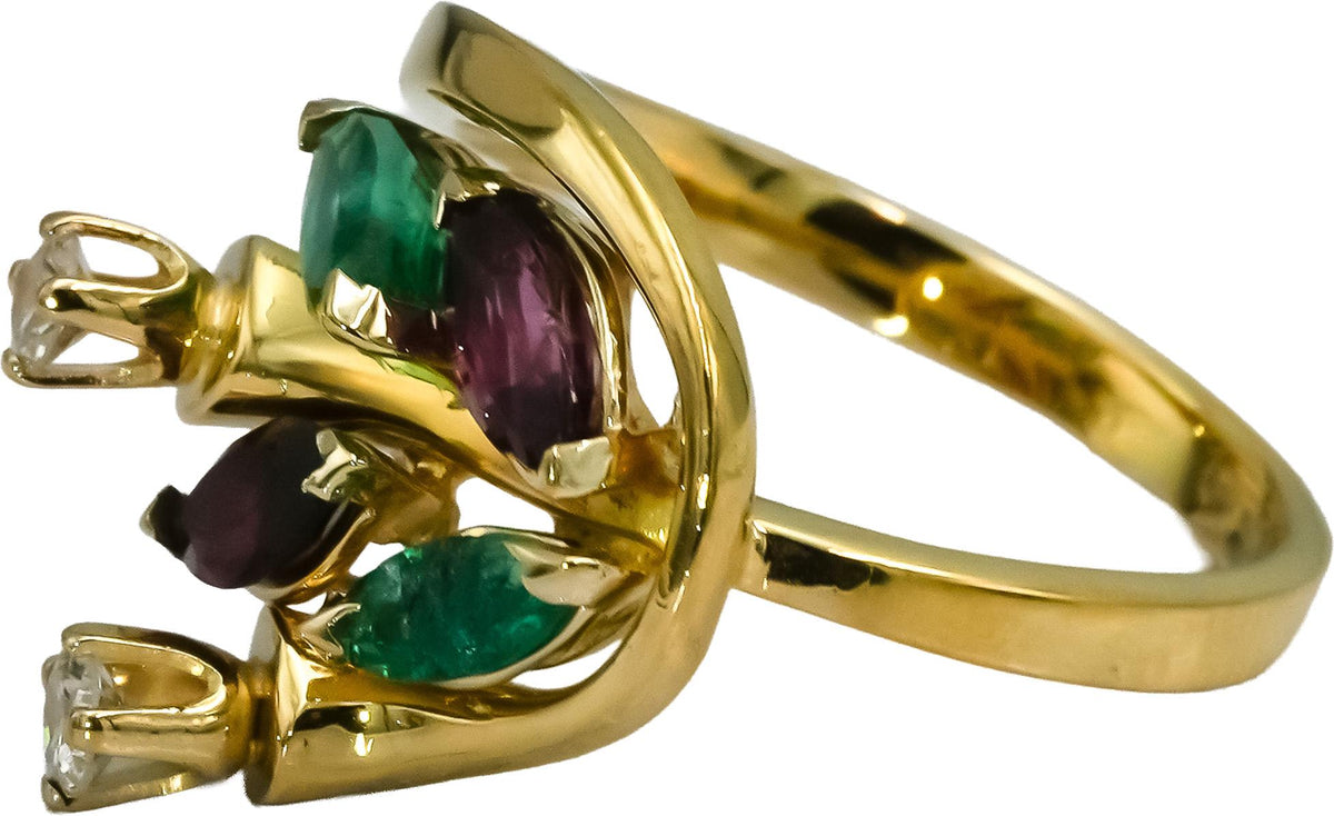 18k Yellow Gold Diamond Ruby Emerald Floral Ring 1.22CT Size 6