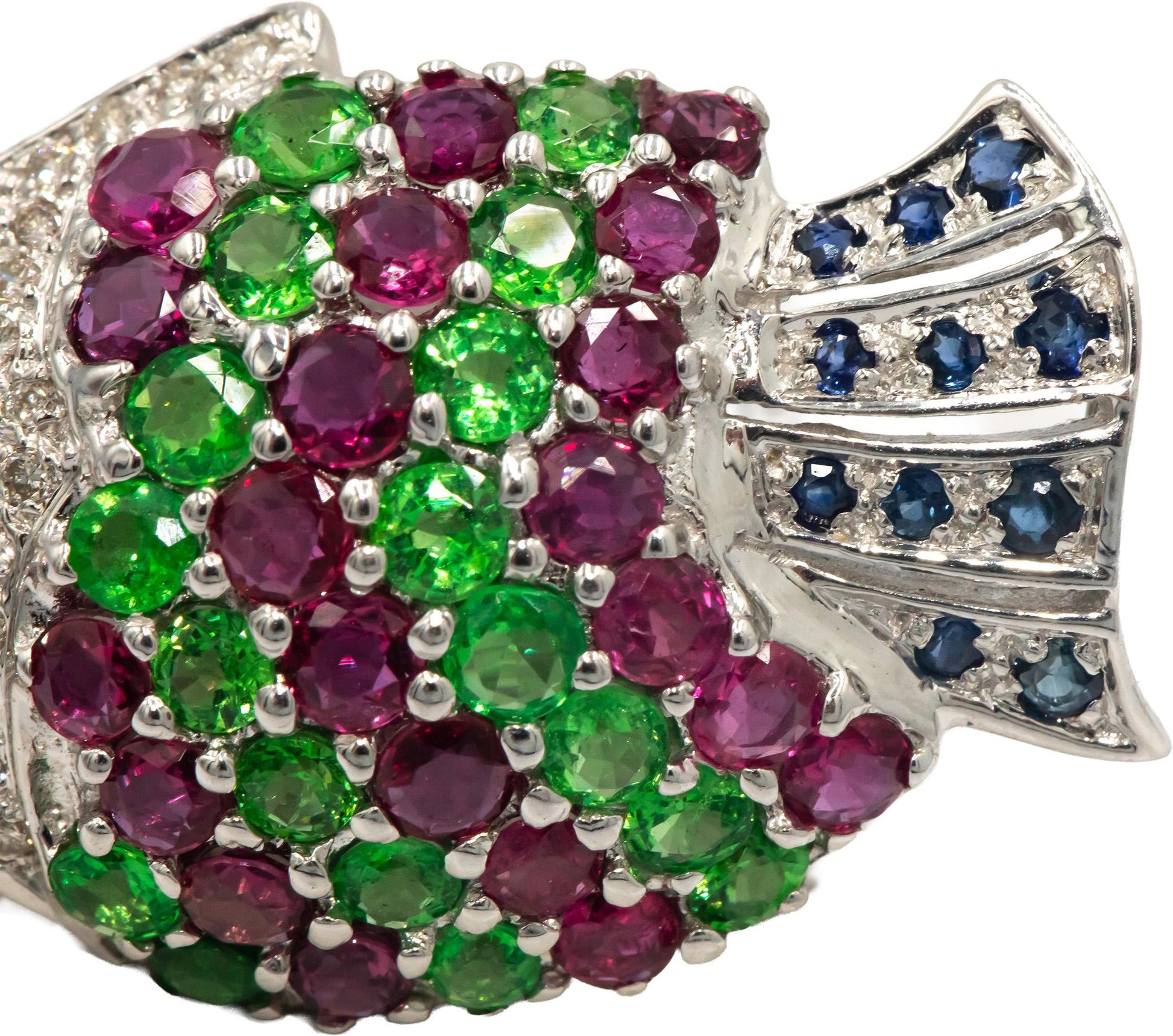 18k White Gold 4.70CT Diamond  Ruby Sapphire Tropical Fish Brooch