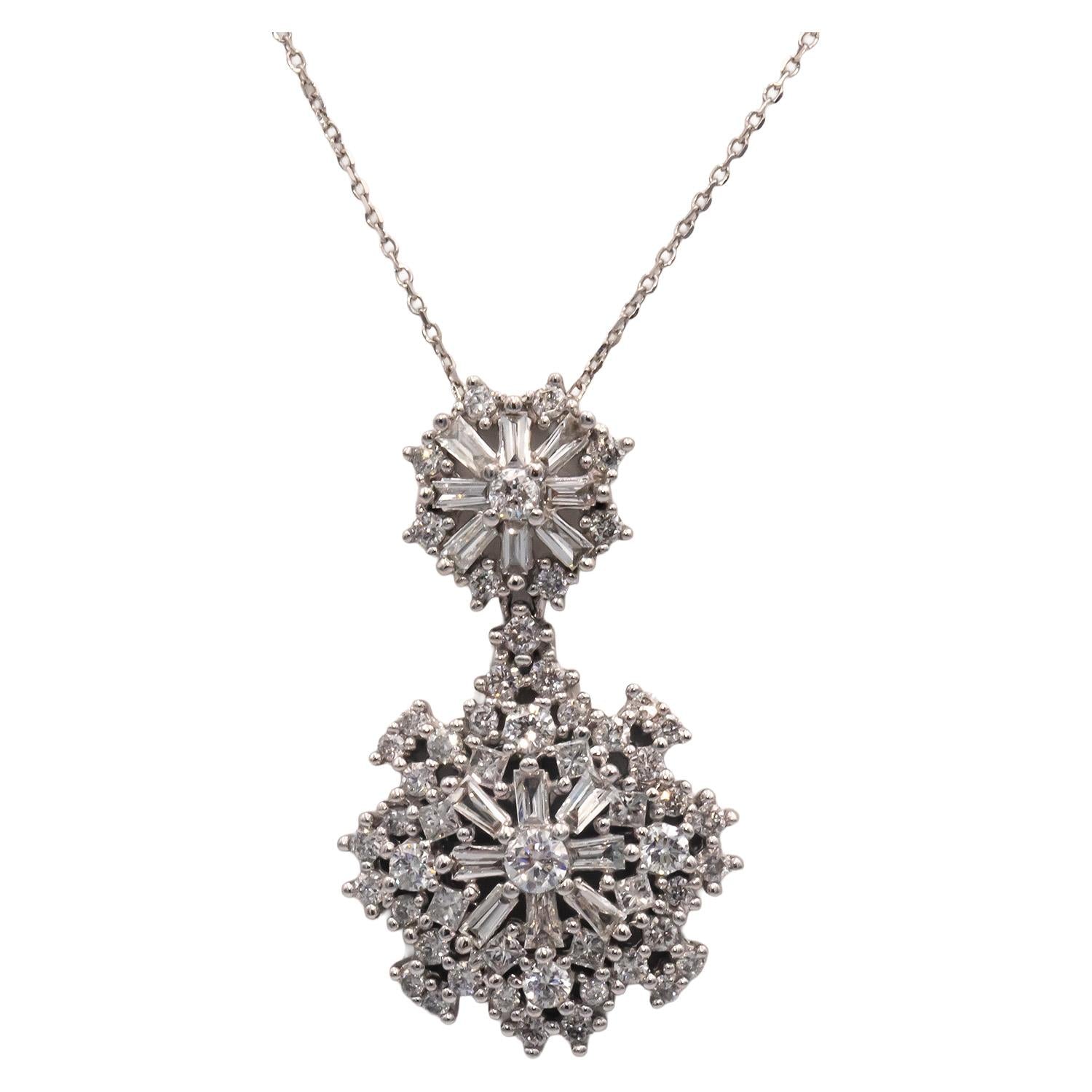 10k White Gold 1.0CT Diamond Cluster Snowflake Style Pendant Necklace