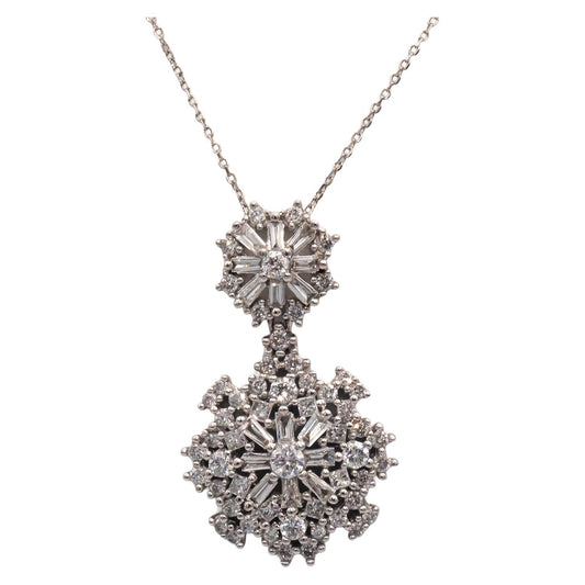 10k White Gold 1.0CT Diamond Cluster Snowflake Style Pendant Necklace