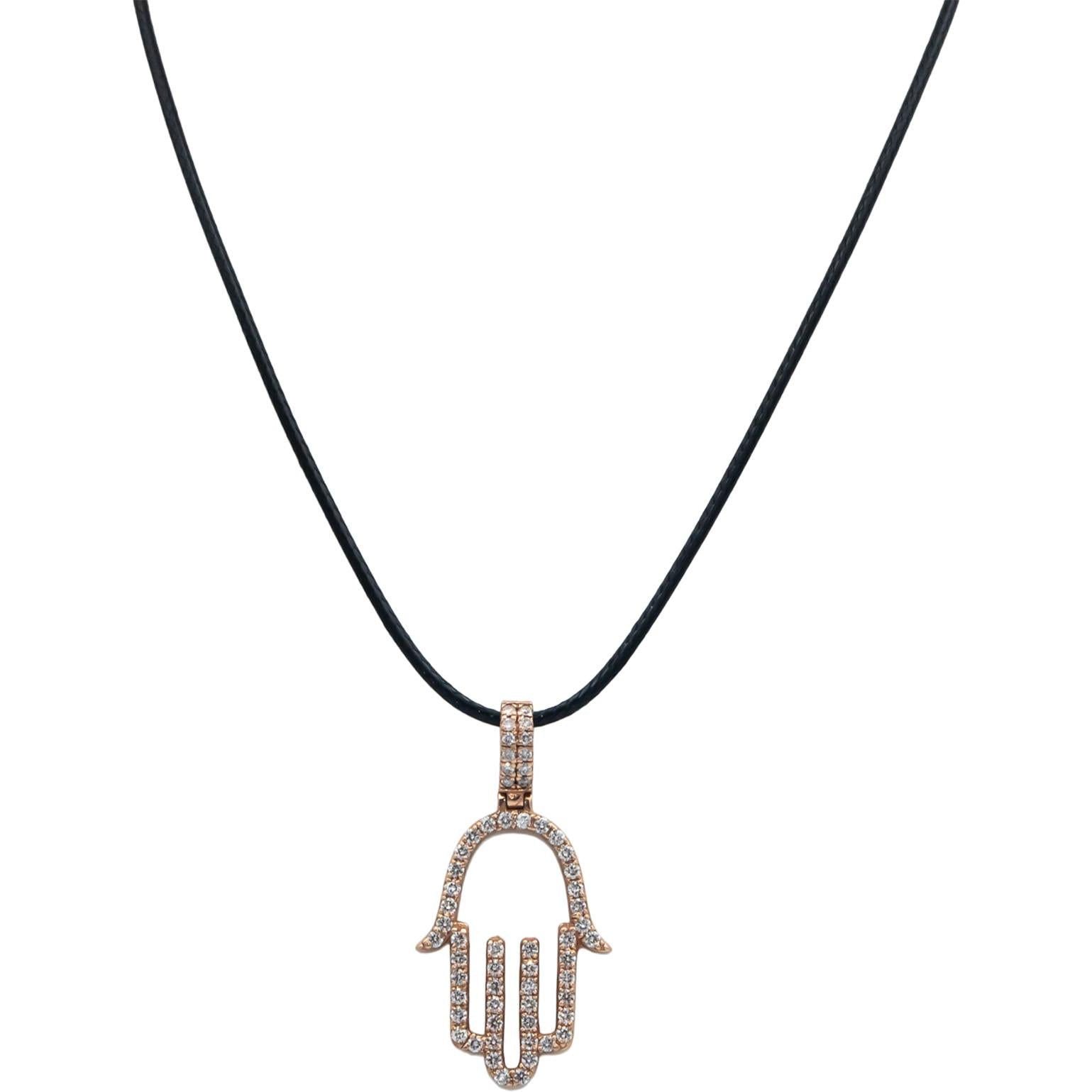 10k Rose Gold 1.09CT Diamond Hamsa Hand Pendant On Cord Necklace