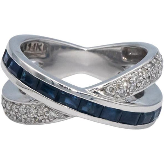 KALATI 14k White Gold 1.17CT Diamond and Sapphire Crossover Ring Size 6.75