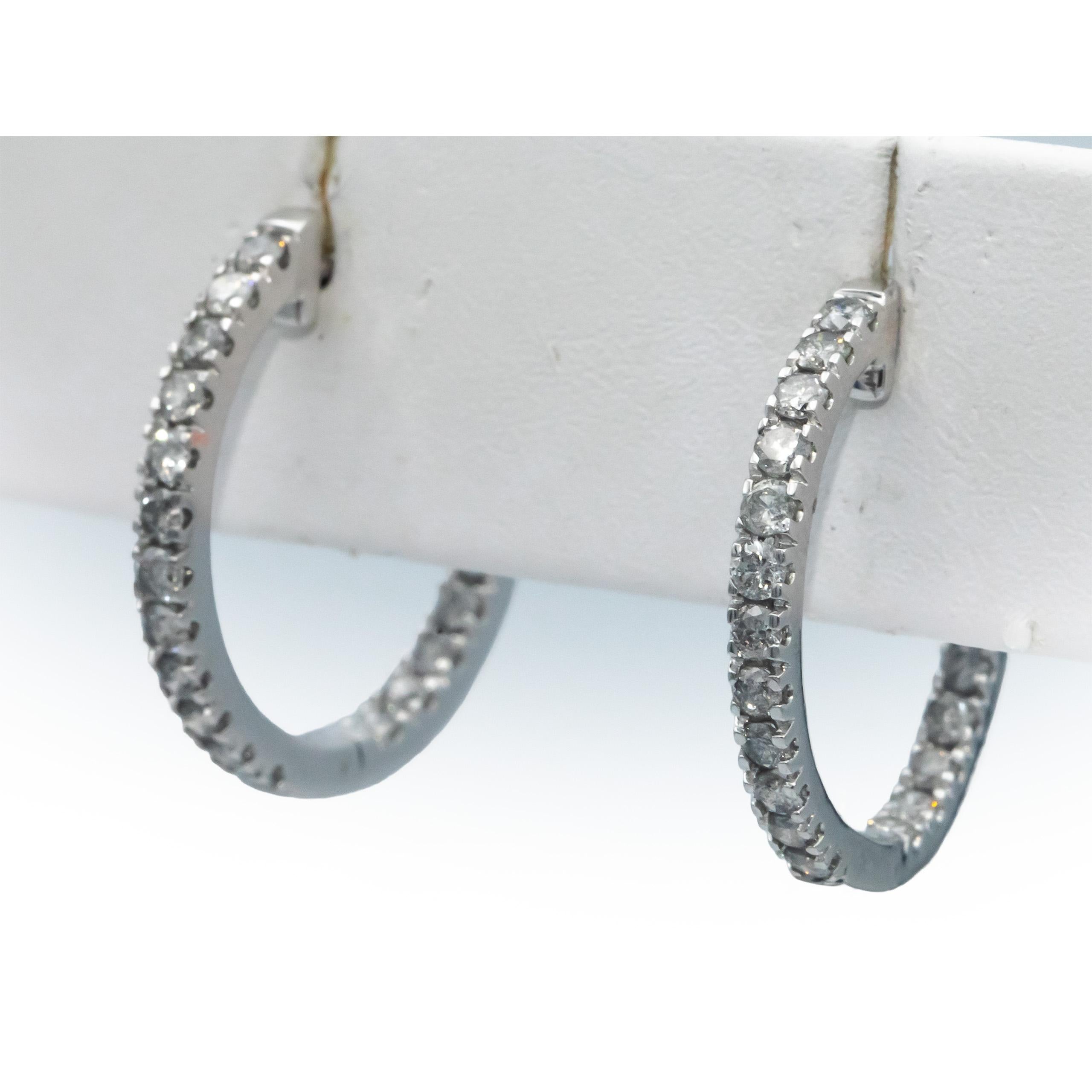 10k White Gold Diamond Inside Out Hoop Huggie Earrings 1.50CT